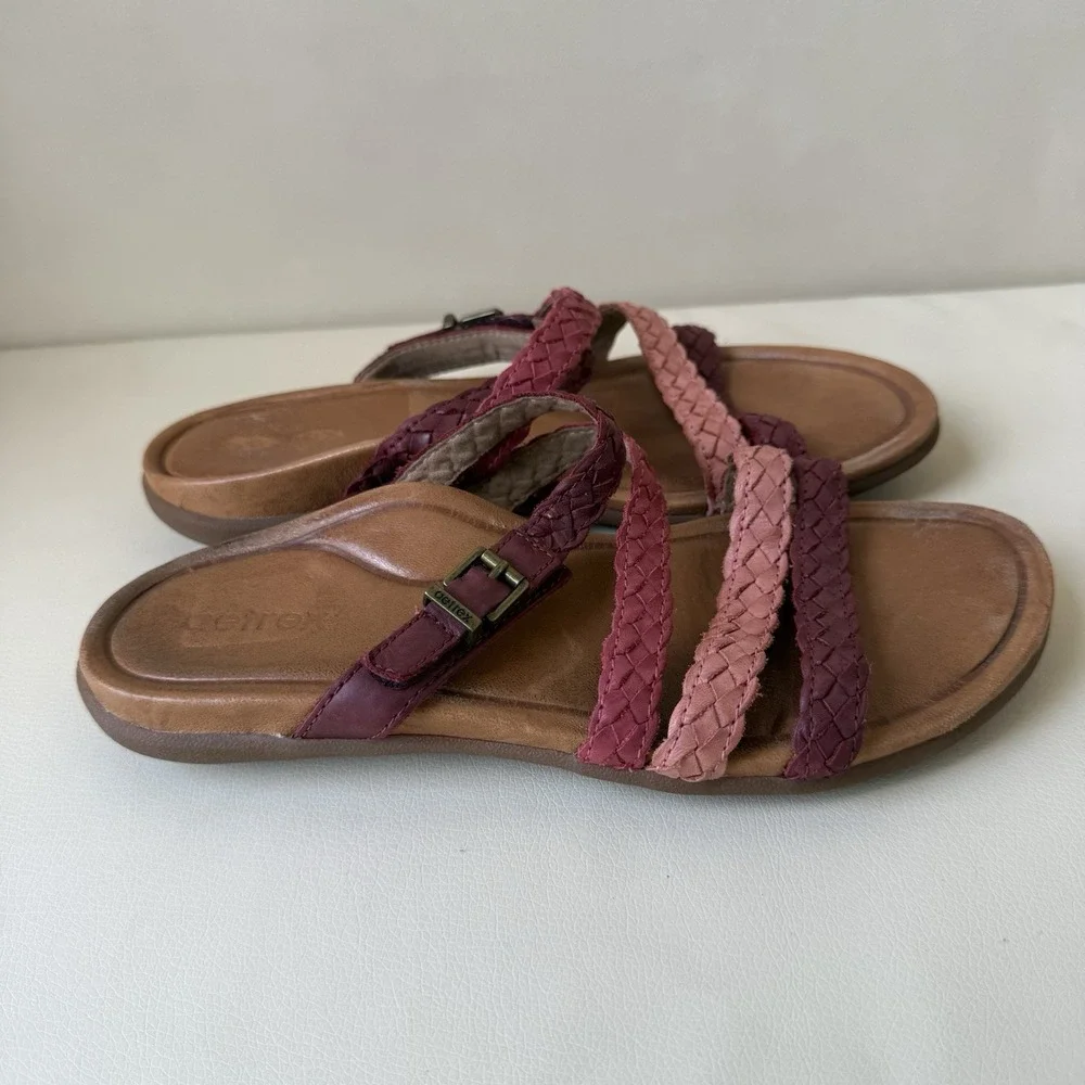 Aetrex Womens Size 8 Braided Leather Sandals Comfort Slides Pink Burgundy - Picture 2 of 7